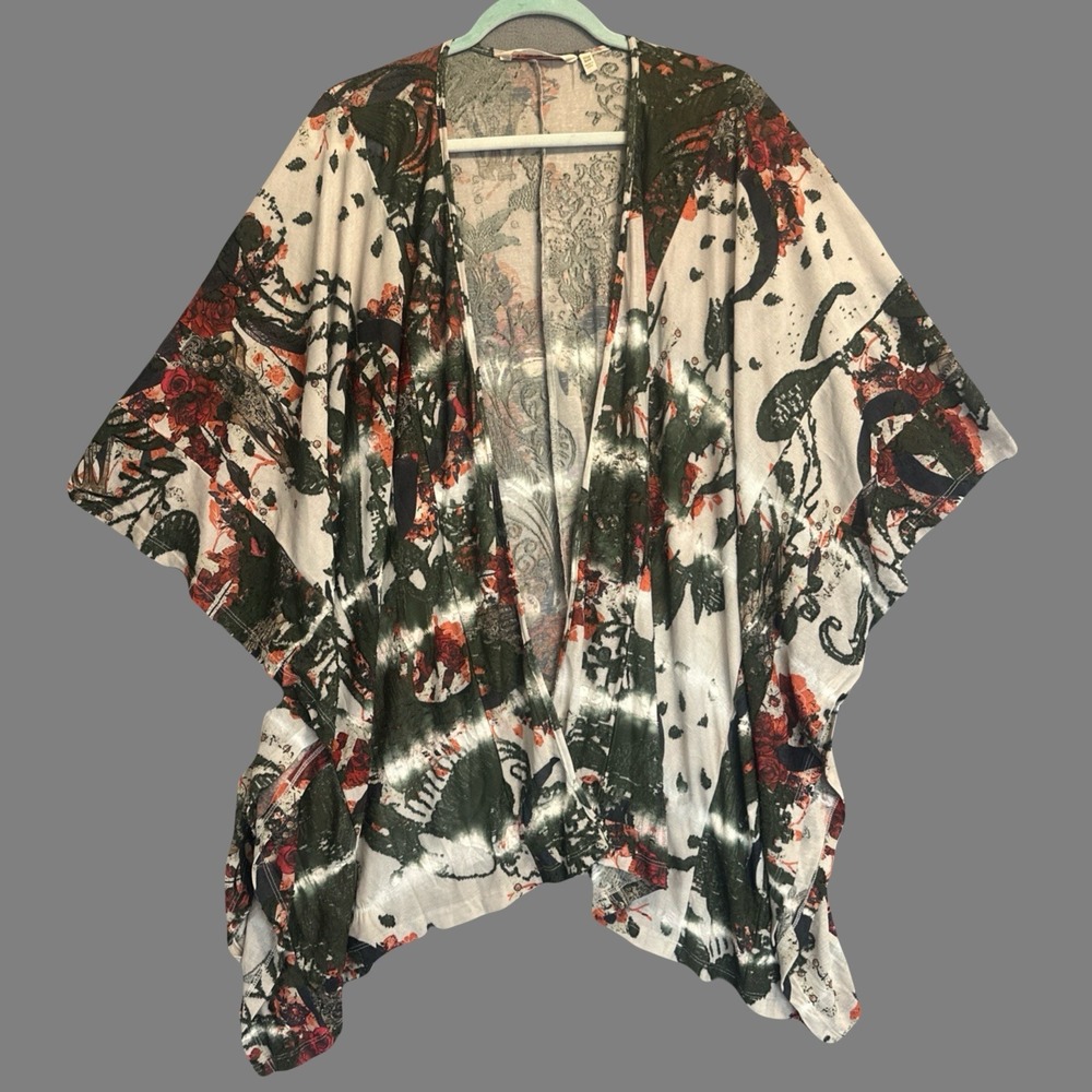 Soft Surroundings Burnout Kimono Cardigan One Size Blue Orange Floral Print Boho